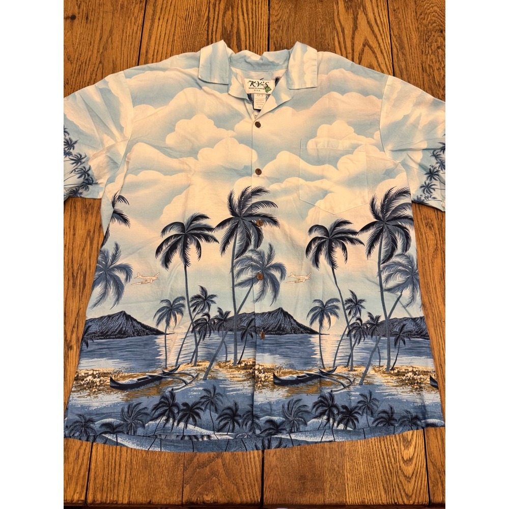 KY'S Hawaiian Shirt Men XL Blue Scenic Palm Tree Cotton Made in USA Casual